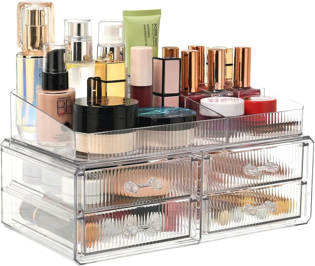 ZHIAI Stackable Storage Drawer, Transparent Cosmetics Storage Box, Cosmetics And Beauty Products Storage Organizer, Suitable For Makeup Room, Bathroom, Storage Room, Home (4 Short Draws)