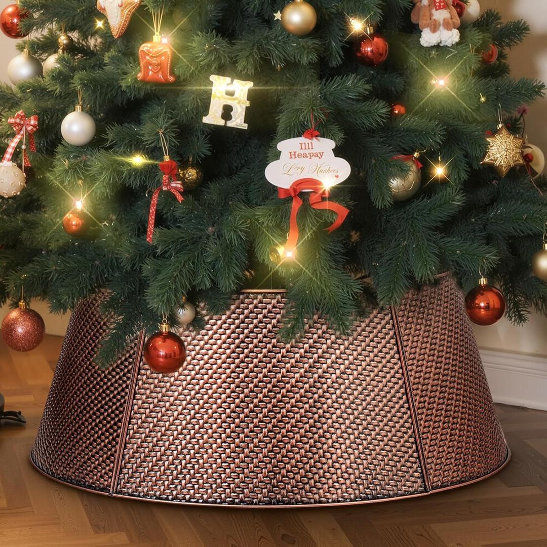 Lanpn Metal Christmas Tree Collar 20 inch, Christmas Tree Ring Collar for Small Mini Pencil Xmas Stand Cover Real Artificial Trees Indoor Outdoor Decoration (Bronze, Twill Weave)