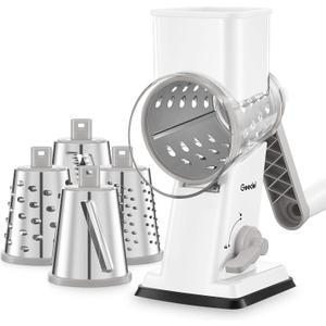 Geedel Rotary Cheese Grater - Upgraded Vegetable Shredder with 4 Interchangeable Blades, Easy to Clean Cheese Shredder with Handle, Kitchen Grater Nuts Grinder for Cutting Cheese, Vegetable, Nuts (White)