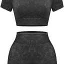 OLCHEE Womens Workout Sets 2 Piece - Seamless Acid Wash Yoga Outfits Shorts and Crop Top Matching Gym Athletic Clothing Set Large