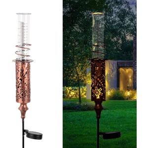 Rain Gauge Outdoor, Solar Rain Gauges for Yard, Freeze Proof Rain Gauge with 7" Plastic Tube, Copper Metal Decorative Garden Stake with Led Light