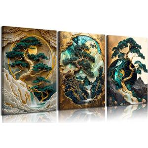 3pcs Green And Gold Landscape Canvas Wall Art Abstract Scape Pine Trees Wall Decor Pictures Modern 3d Visual Effects Posters Prints for Living Room Bedroom Office Home Decoration Prepare To Hang