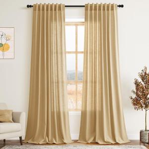 Nanspring Gold Yellow Linen Curtains 96 Inches Long 2 Panels Set for Living Room Rod Pocket Back Tab Semi Sheer Light Filtering Protect Privacy Gold Yellow Curtain for Bedroom Floor Length 52x96