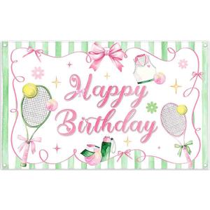 ZTHMOE 72x43inch Fabric Tennis Bow Happy Birthday Backdrop Pink Ball Sports Stadium Game Photography Background Teens Girls Party Decorations Outdoor Indoor Photo Props