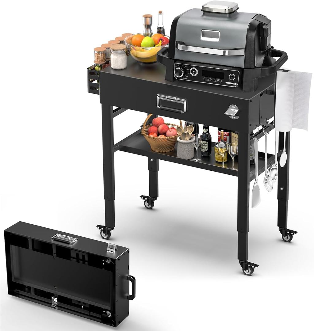28" and 34" Upgrade Height & Quick-Fold Portable Grill Cart for Ninja Woodfire (OG700 Series), MO201 OO101 Pizza Oven, Blackstone 17"/22" Griddle Outdoor Ninja Grill Stand with 4 Swivel Wheels