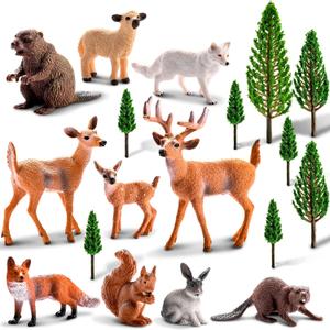 Sumind 18 Pcs Forest Animals Figurines Woodland Animals Toys Model Trees Kit Miniature Plastic Toys Realistic Wild Forest for Cake Toppers Birthday Party Favor(Forest Animals)