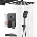 Shower Faucet Set Complete Matte Black Shower System with 10 inch Square Rainfall Shower Head 3-Function Handheld Shower Waterfall Bathtub Spout Rain Shower Combo Set Bathroom Wall Mounted