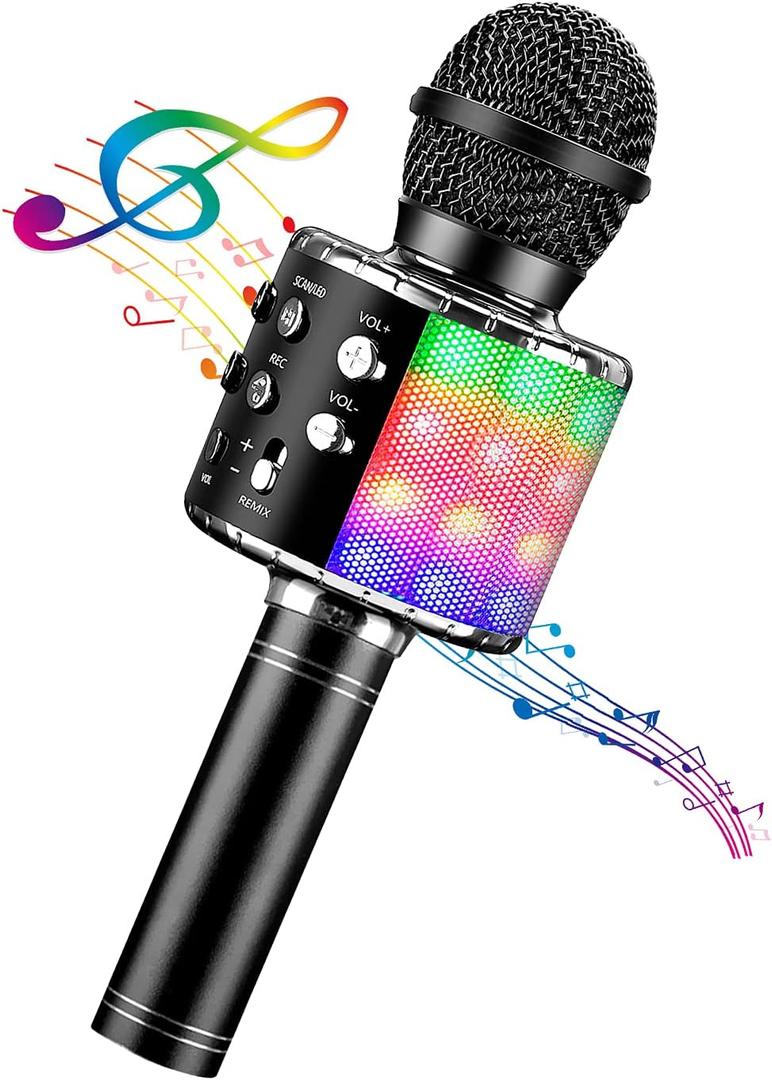 4 in 1 Karaoke Wireless Microphone with LED Lights, Portable Microphone for Kids, Great Gifts Toys for Kids, Girls, Boys and Adults (Black)