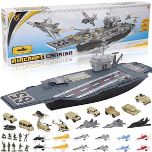 33-Inch Aircraft Carrier Mega Playset - Ultimate Military Battle Set for Boys with Realistic Battleship, Fighter Jets, Toy Soldier Figures, Military Vehicles for Kids Imaginary Pretend Play, Large