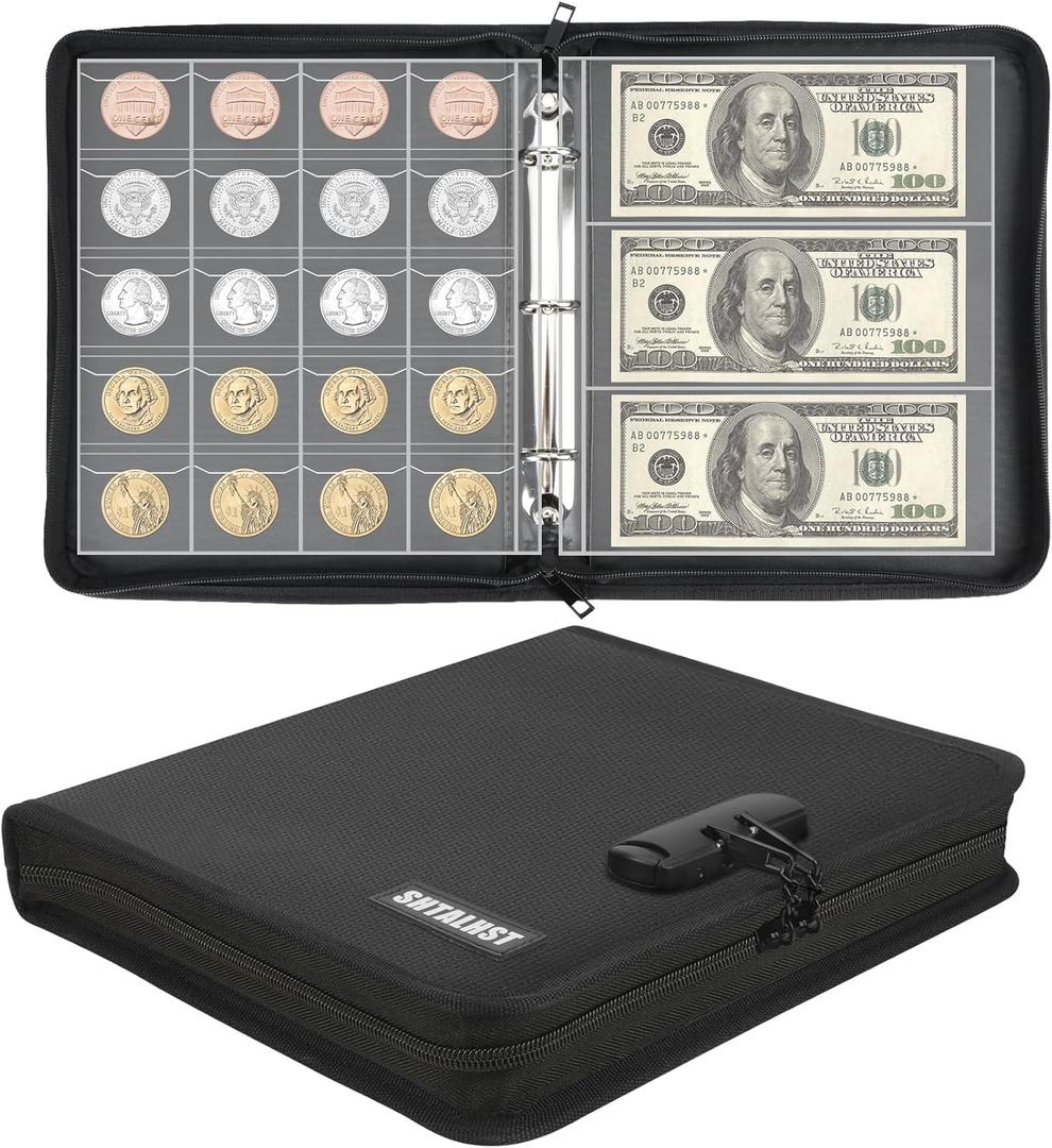 Coin Collection Book Supplies with Lock, Fireproof Money Collecting Album for Collector, 520 Coin Sleeve & 36 Currency Sleeve, Coin Holder for Collector, Collecting Supplies for Bill, Pennies, Quarters