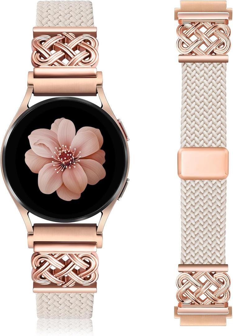 Braided Magnetic Band Compatible with Samsung Galaxy Watch 8 7 6 5 4 FE 40mm 44mm/8 6 Classic/5 Pro/4 Classic/3 41mm/Active 2 Women Men, 20mm Celtic Stretchy Elastic Dressy Nylon Strap, No for Ultra (Starlight/Rose Gold)