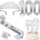 100th Birthday Decorations for Women Silver with 100th Birthday Sash and Tiara, Cake Topper and Candles, Silver Number Balloons, 100 Year Old Gifts for Women