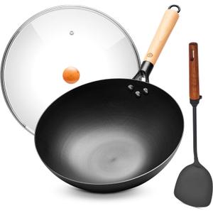 WANGYUANJI Carbon Steel Wok Pan - 12.6 Inch Flat Bottom Iron Wok, Woks & Stir-Fry Pans, Carbon Steel Pan for Induction Cookware and Gas Stoves