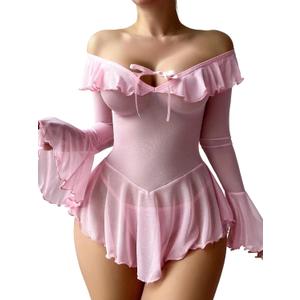 Sexy Lingerie for Women Rave Outfits Clubwear See Through Lingerie Sets Bell Sleeve Ruffle Mesh Tops (Small, Pink)