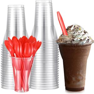 Baderke 50 Set Plastic Parfait Cups with Red Classic Dessert Spoons Root Beer Float Cups Disposable Clear Milkshake Glasses Christmas Crystal Sundae Mugs for Yogurt Ice Cream Soda Party Drinks