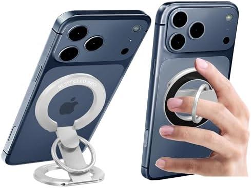 RESPECTED BRO Magnetic-Phone-Ring-Holder with Dual Rings, Compatible with iPhone 17/16/15/14/13/12, Multifunctional Stand for Desk,Office,Gym,Kitchen & All Metal Surfaces, Finger Loop Grip (Silver)