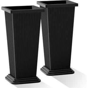 Tall Black Planters Outdoor Set of 2, Large Outdoor Tall Planters Pots with Tray, Modern Tapered Flower Planter for Front Porch, Patio, Garden (24", Ribbed)