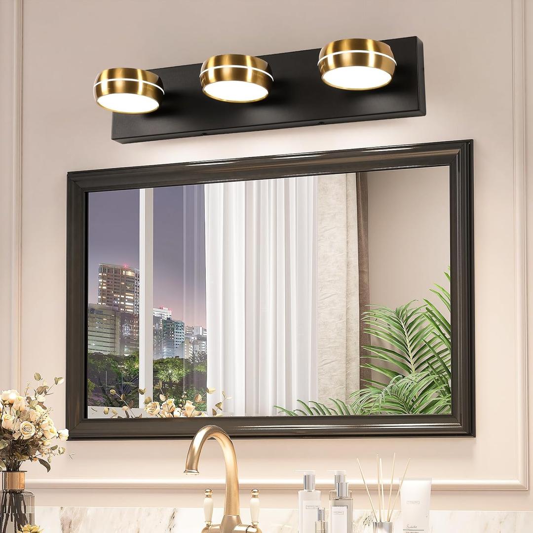 Brass LED Bathroom Lights Fixtures Over Mirror Modern 3 Light Black Bathroom Vanity Light for Mirror Indoor Gold 20.3" Inch Restroom Wall Sconces Dimmable 18W Cool White 5500K (3 Lights-dimmable, Black+Gold)