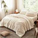 Luxudecor Beige Tufted Comforter Set King Size 3 Pieces Boho Shabby Chic Comforter Farmhouse Embroidery Bed Set Soft Comforter for All Seasons (Beige, 104''x90'')