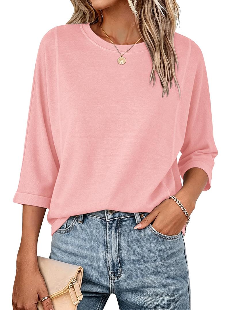 Orchidays Women's Casual 3/4 Sleeve T Shirts Basic Crew Neck Relaxed Fit Summer Tee Tops Light Pink (S)