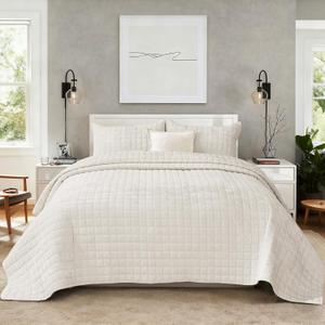 Quilt Set King Size 98x106 Luxurious Velvet Bedding Sets with 2 Pillow Shams 20x36 3 Pieces Ultra Soft Quilted Bedspread Coverlet Comforter for All Season,Cream White