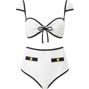 Womens High Waisted Bikini Sets Tummy Control Swimsuits Retro Color Block Bathing Suit Clasp Back Swimwear (White, L)