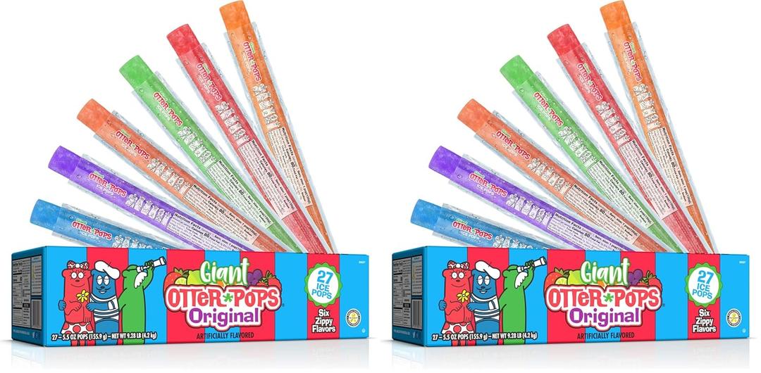 Otter Pops, Giant Original 5.5oz, 27 Ice Pops, Six Zippy Flavors,Gluten free (Pack of 2), BBD 07/2027