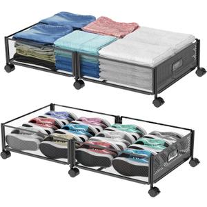 Under Bed Storage with Wheels, 31.5in / 35L Large Rolling Underbed Storage, Underbed Drawer on Wheels, Tool-free Assembly Metal Under Bed Drawers Organizer Container for Bedroom Shoes Clothes Toys, Black (2 Pack (31.515.7"))