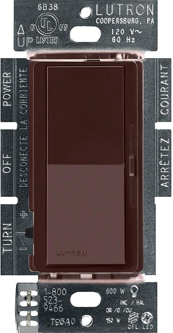 Lutron Diva LED+ Dimmer Light Switch for Dimmable LED, Halogen, and Incandescent Bulbs, 150 Watt, Single-Pole or 3-Way, DVCL-153P-BR, Brown