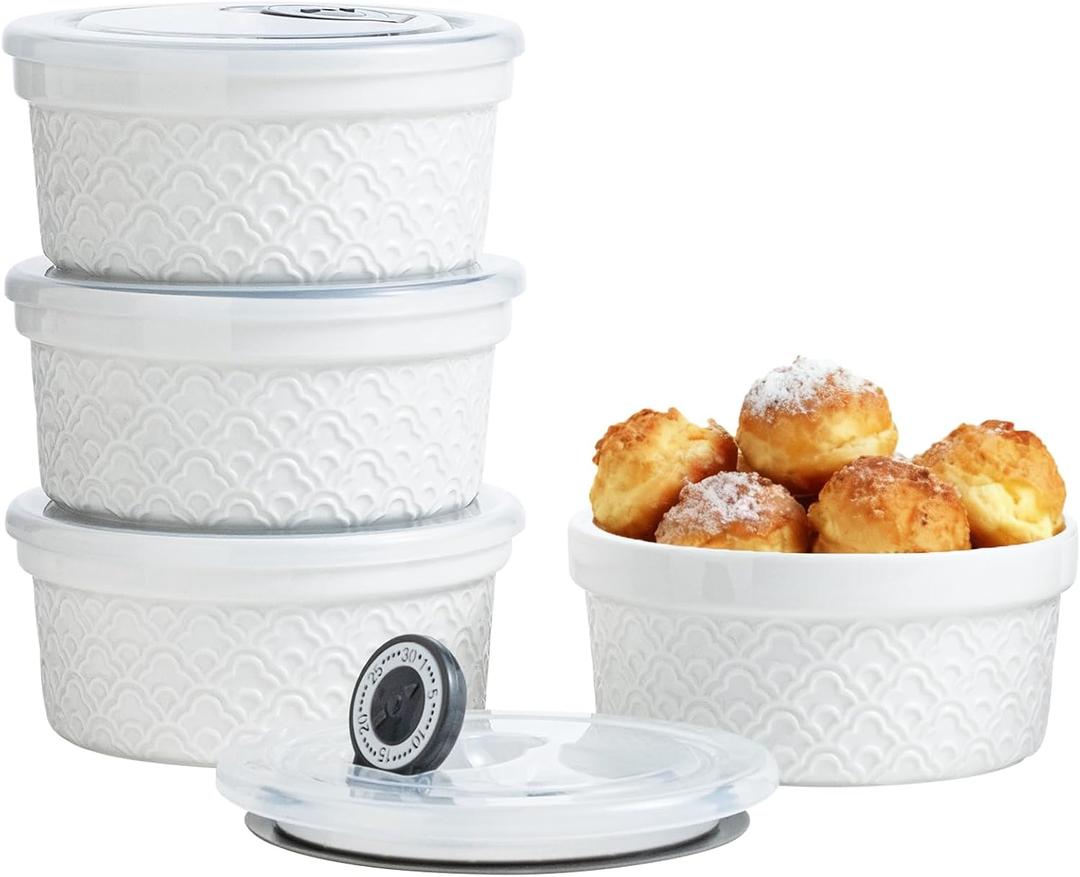 12 oz Ramekins with Lids Oven Safe, Creme Brulee Ramekins with Covers, Ceramic Small Baking Dishes Set of 4, Souffle Dishes Bowls Dishwasher Safe, Mothers Day Gifts for Mom
