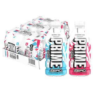 PRIME ZERO BERRY ICE & CHERRY ICE Sugar Free Sports Drinks, Electrolyte Enhanced to Replenish Fluids, B Vitamins, Antioxidants, Low Calorie, Made with Natural Flavors, 12 Fl Oz 24 Pack (EXP 05/01/27)