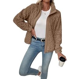 EVALESS Jackets for Women Fashion 2025 FLeece Jacket Fall Outfits Business Casual Womens Winter Clothes Cropped Coat Sherpa Jacket Warm Long Sleeve Zip Up Brown Coat with Pockets, Small