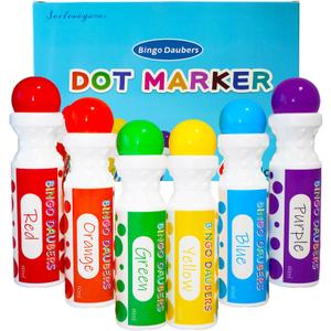 SEETOOOGAMES Bingo Daubers Dot Markers - Mixed Colors Set of 6 Pack - for Toddler Arts and Crafts (Red, Orange, Yellow, Green, Blue and Purple)