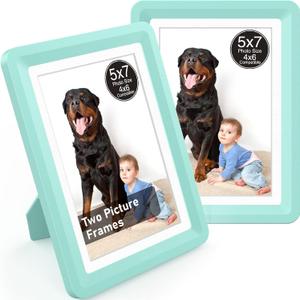 Green 5x7 Picture Frame,2 Pack, Fits 5x7 Photo or 4x6 with Mat, Acrylic Front & Durable ABS Frame, Shatterproof UV-Resistant Tabletop Display, Vertical/Horizontal Home Décor Frame
