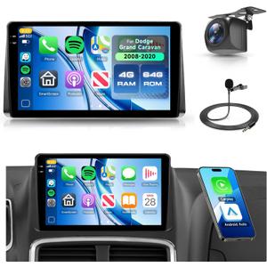 4+64G Android Car Radio for Dodge Grand Caravan 2008-2020 Chrysler Town & Country 2011-2016 Wireless Carplay Android Auto, 9 Touch Screen Head Unit WiFi GPS Bluetooth FM/RDS DSP Backup Camera SWC