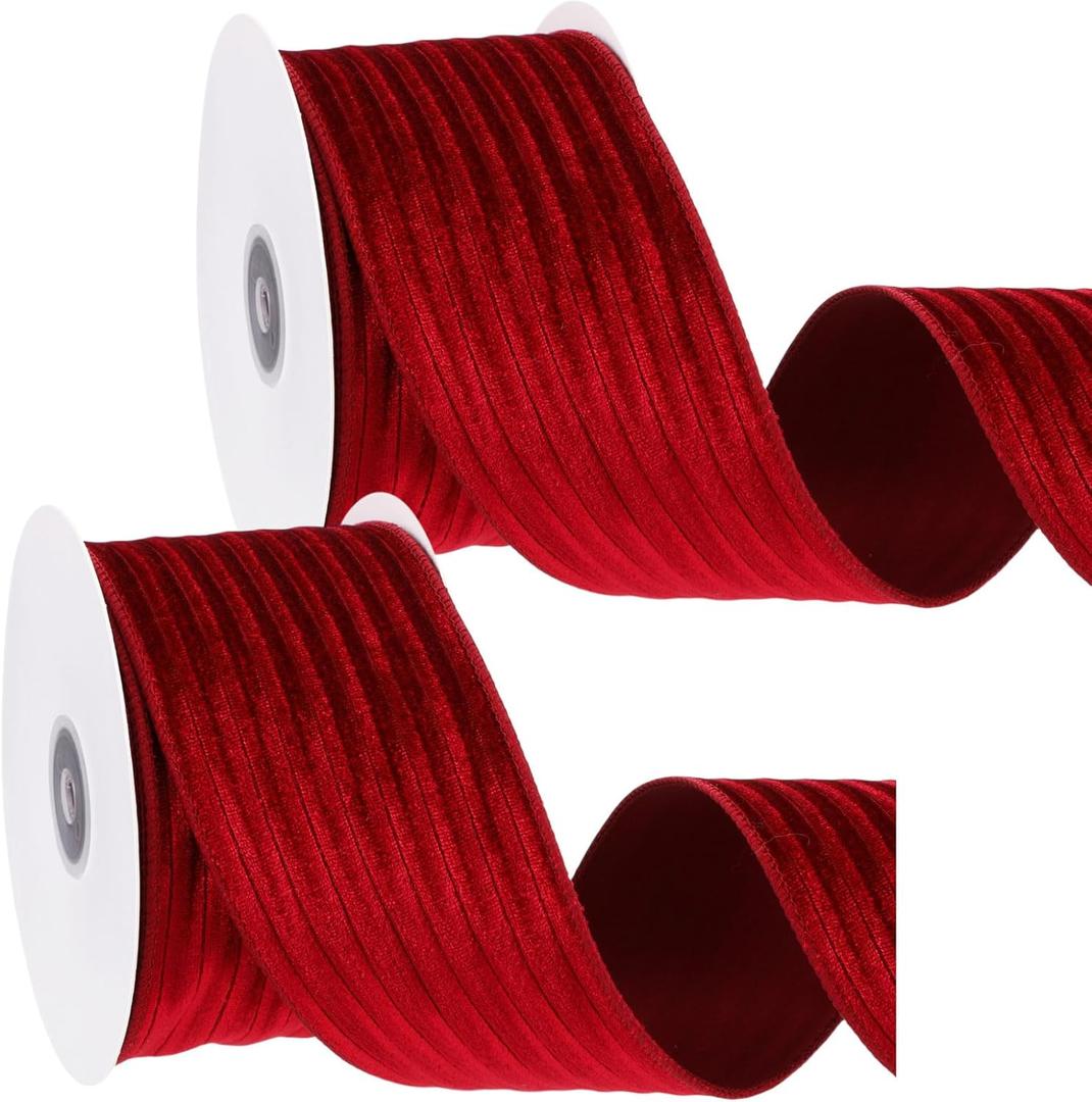 Yoojahow 2 Rolls Valentine Velvet Wired Ribbon 2.5 Inch x 10 Yards Ribbon for Gift Wrapping Xmas Decoration Topper Bows Making Wedding Decor Crafts Wreaths Supplies(Dark Red)