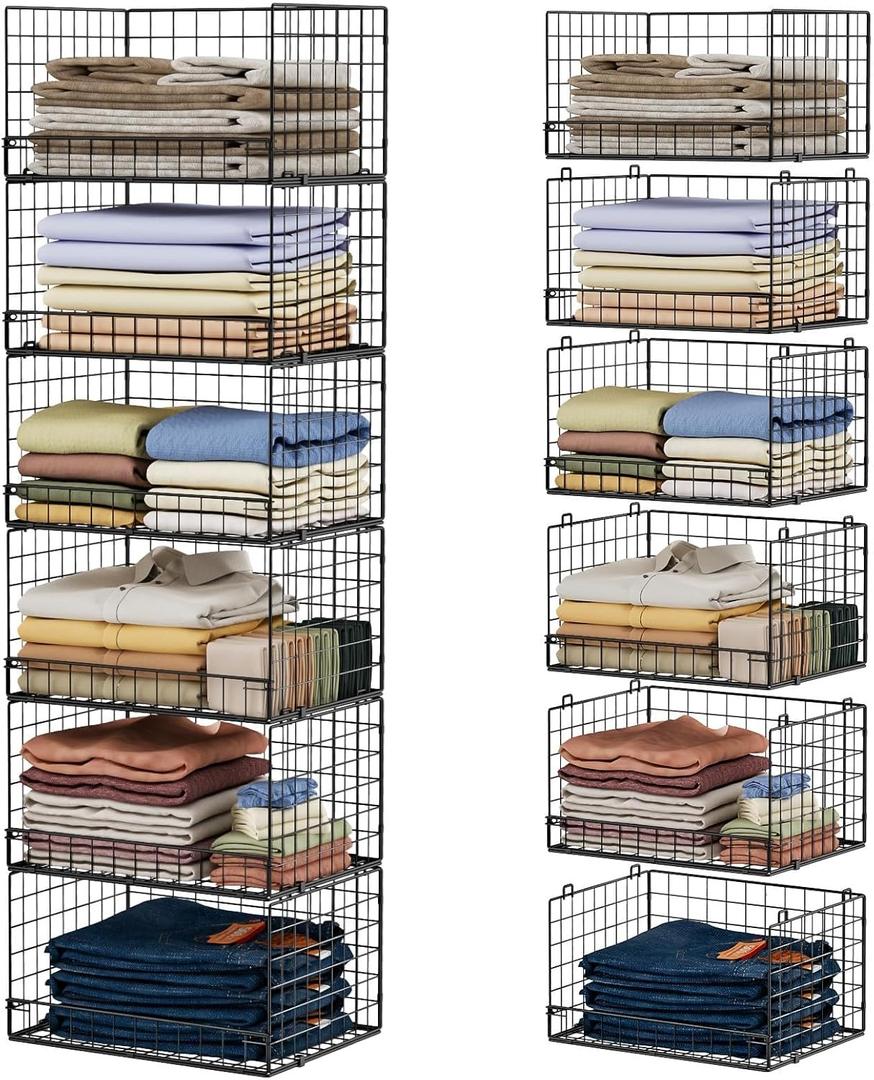 6-Tier Stackable Closet Organizers and Storage Shelves, Closet Shelf Organizer Basket Bins, Foldable Sweater Storage for Clothes Organizer System, Black 