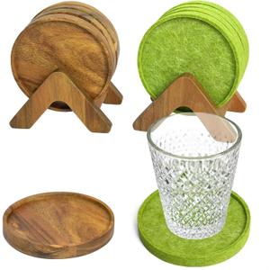 Acacia Wood Coaster Set of 8 with Holder - Dual-Material Design (4 Wood & 4 Absorbent Felt Pads) - 3" Non-Slip Furniture Protectors for Coffee Table, Home Bar & Office, Round Coaster Set