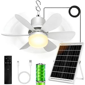 Solar Fan for Gazebo with Light, 18000mAh Rechargeable Solar Powered Patio Ceiling Fan with Remote, 17.5'' Portable Outdoor Hanging Fans for Pergola| Backyard| Camping| Tent| RV Canopy, IP54 Rated