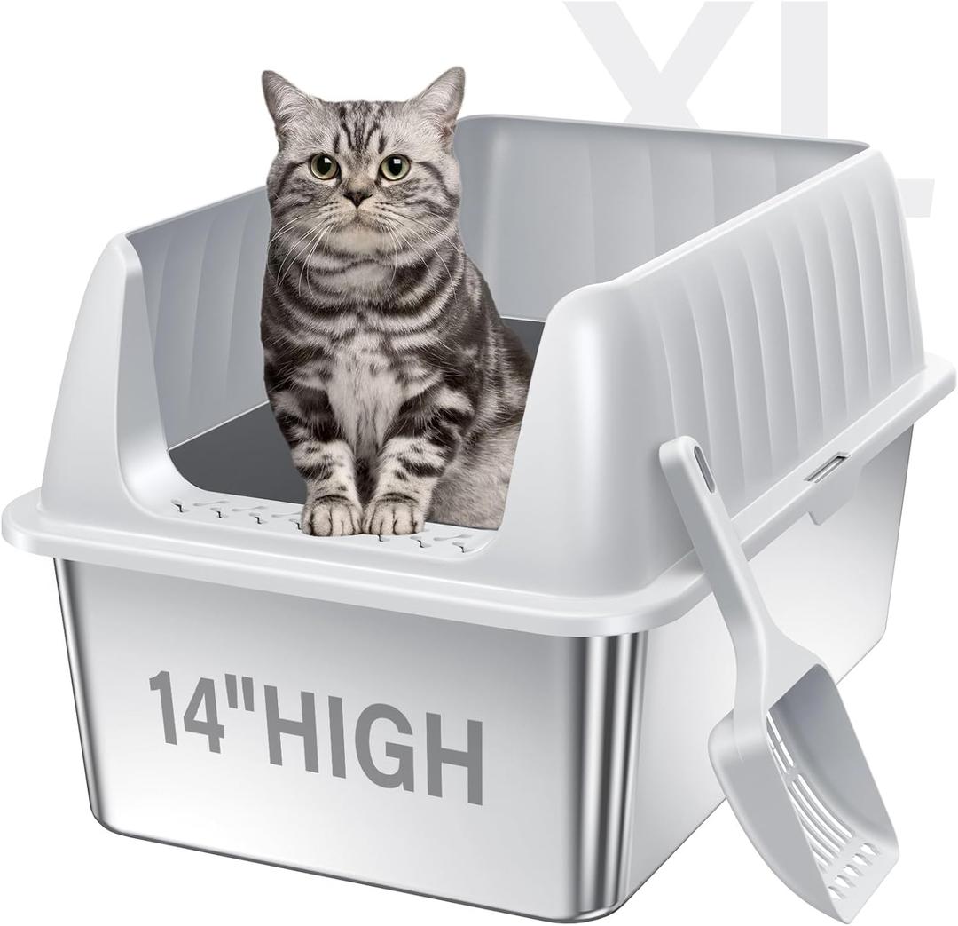 Stainless Steel Litter Box with Lid, Extra Large Metal Litter Box Pan with Scoop for Cats High Sided, Non-Sticky, Anti-Urine Leakage, Easy Cleaning (23.6"x16"x14", Light Grey)