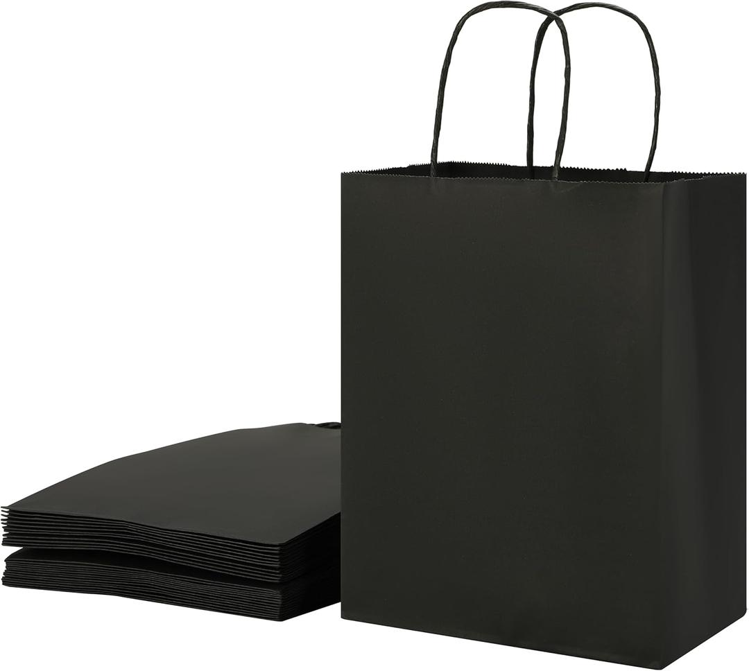 SUNCOLOR 25-Pack Black Gift Bags with Handles  8"x4.5"x10" Medium Goodie Bags for Party Favors, Retail, Halloween & Weddings