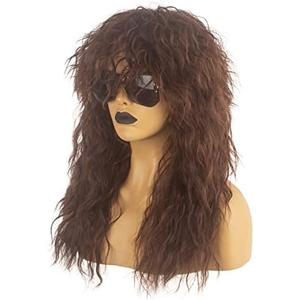 Askuang 80s Rock Mullet Wigs for Men and Women Long Brown Curly Wig 70s 80s Costumes for Men Women Halloween Cosplay Party Wigs