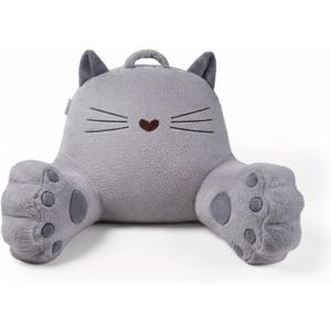 WURUS Pink Cat Backrest Reading Pillow – Cute Kawaii Bed Rest Pillow with Arms, Plush Supportive Lounge Pillow for Reading, Gaming & Relaxing – Soft Comfort for Kids, Teens & Adults (Gray)
