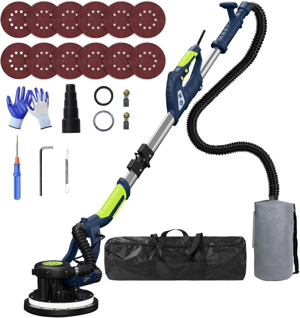 Drywall Sander with Vacuum Dust Collector(02/11/2025 Upgraded) 8-Amp Popcorn Ceiling Removal Tool with 7 Variable Speed 800-1800RPM, Extendable Handle, LED Light,12pcs Sanding Discs, Navy Blue