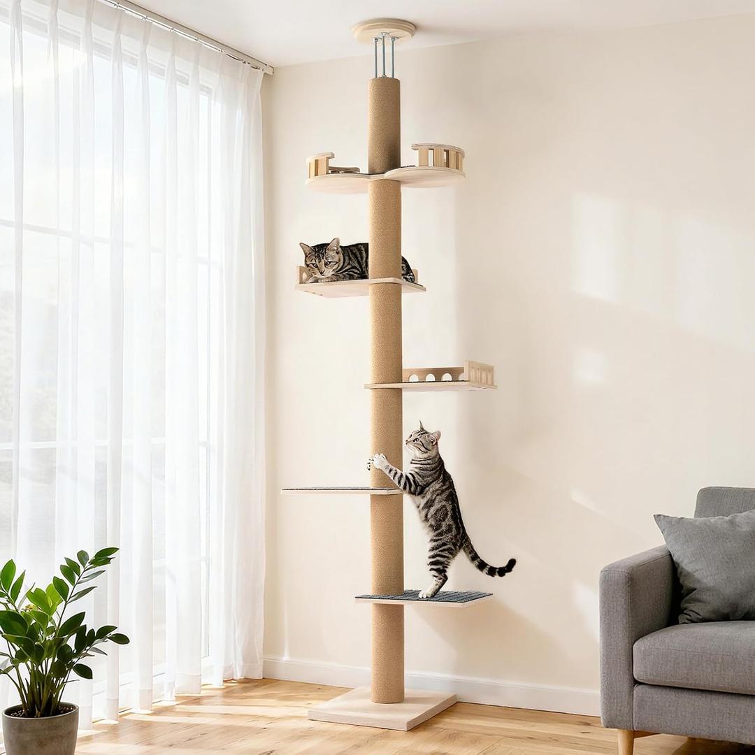 Veehoo Floor to Ceiling Cat Tree, Adjustable Height (5.1-9.4 ft) Tall Climbing Tower with Sisal Scratching Posts, Modern Cat Activity Tree for Indoor Cats