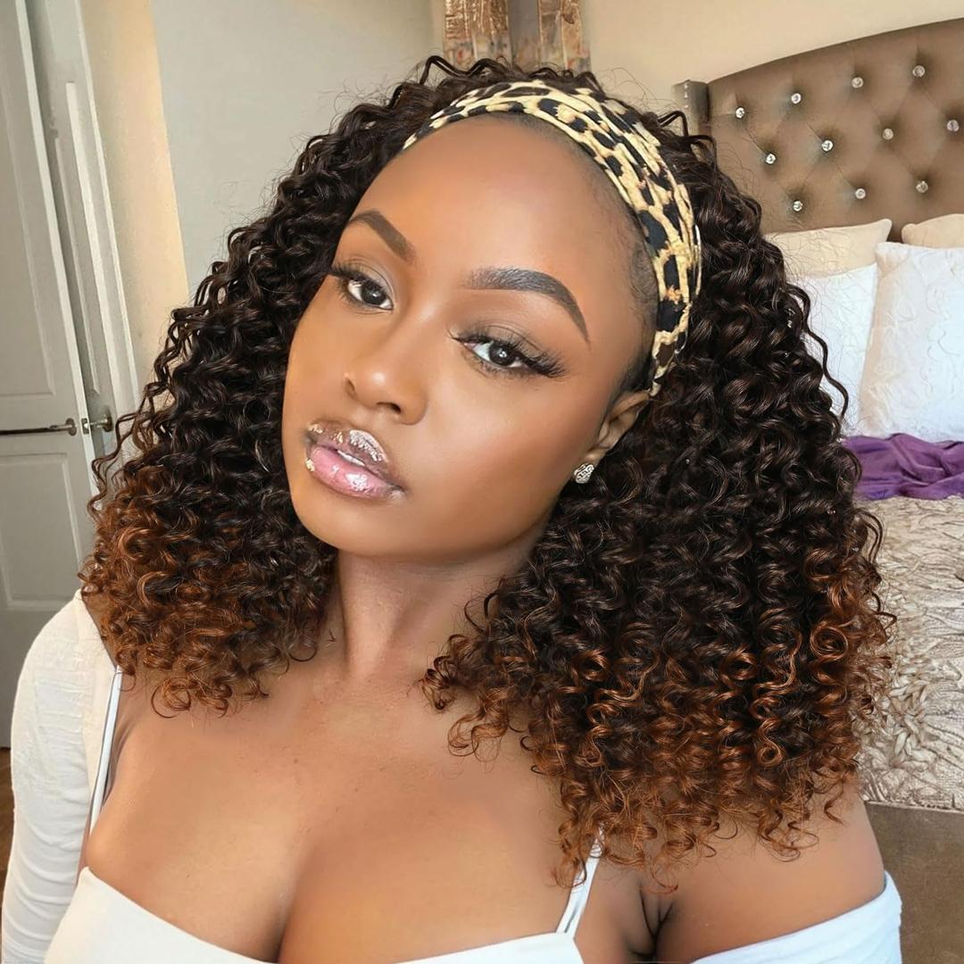 Fancy Hair 16 Inch Kinky Curly Headband Wig for Black Women Glueless Synthetic Half Wig with Headband No Human Hair (Ombre Brown)