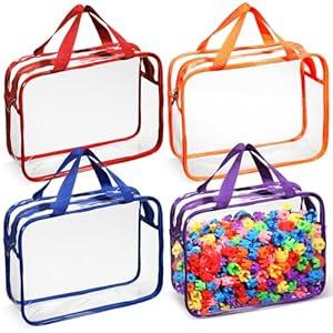 Sanwuta 4 Packs Large Toy Storage Bags Reusable Clear PVC Organizing Case Bags with Two Handles Waterproof Toy Container for Board Games, Building Blocks, Puzzles, Small Toys and Kids Books (Vivid)