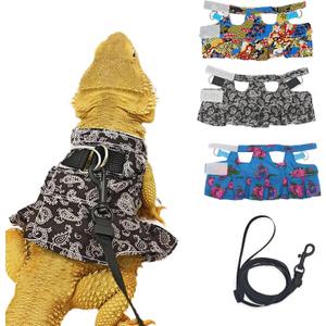 3 x Lizard Harness Dress and Leash, Adjustable Hamster Ferret Harness and Leash Set, No-Pull Walking Vest for Lizard Small Animal Gecko Chameleon (Black S