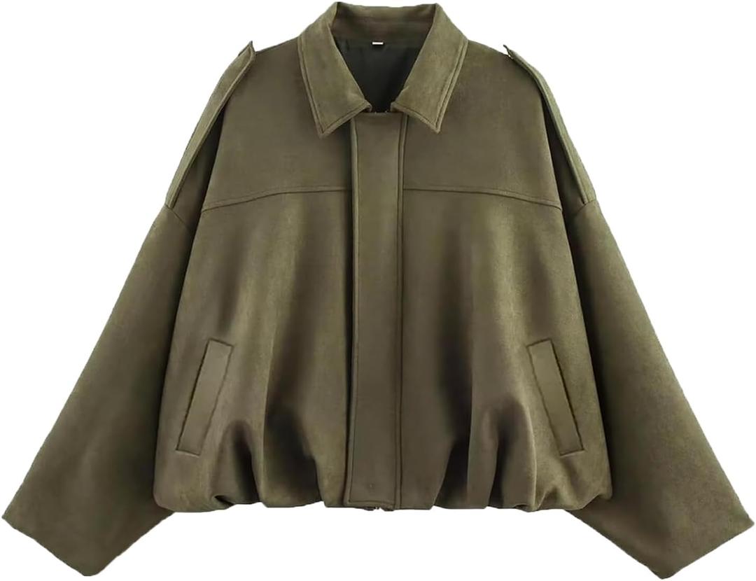 Womens Faux Suede Bomber Jacket Casual Lapel Pilot Cropped Coat Oversized Motorcycle Jackets 2025 Outerwear (Small, Green)