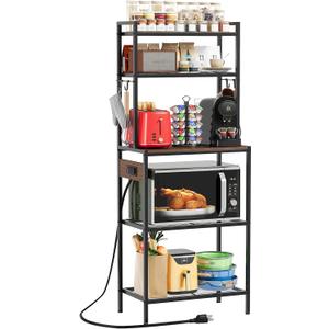 Roxibelt S1 Kitchen Bakers Rack with Power Outlet, Microwave Stand with Storage 5-Tiers, Freestanding Coffee Bar Table with 4 Hooks, Kitchen Storage Shelf 13" D x 22.9" W x 58.3" H, Rustic Brown